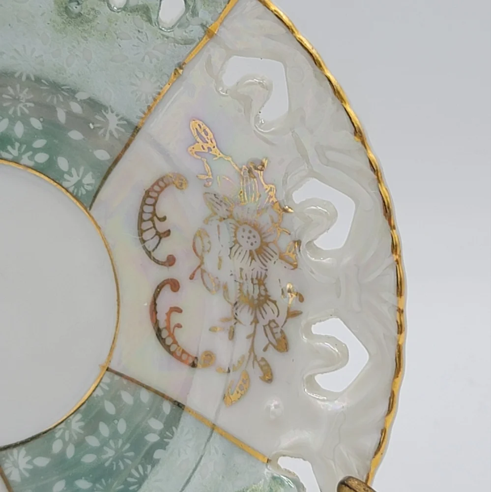 Japanese Lusterware Demitasse Cup Saucer Gold Trim Iridescent Floral Panels Vtg